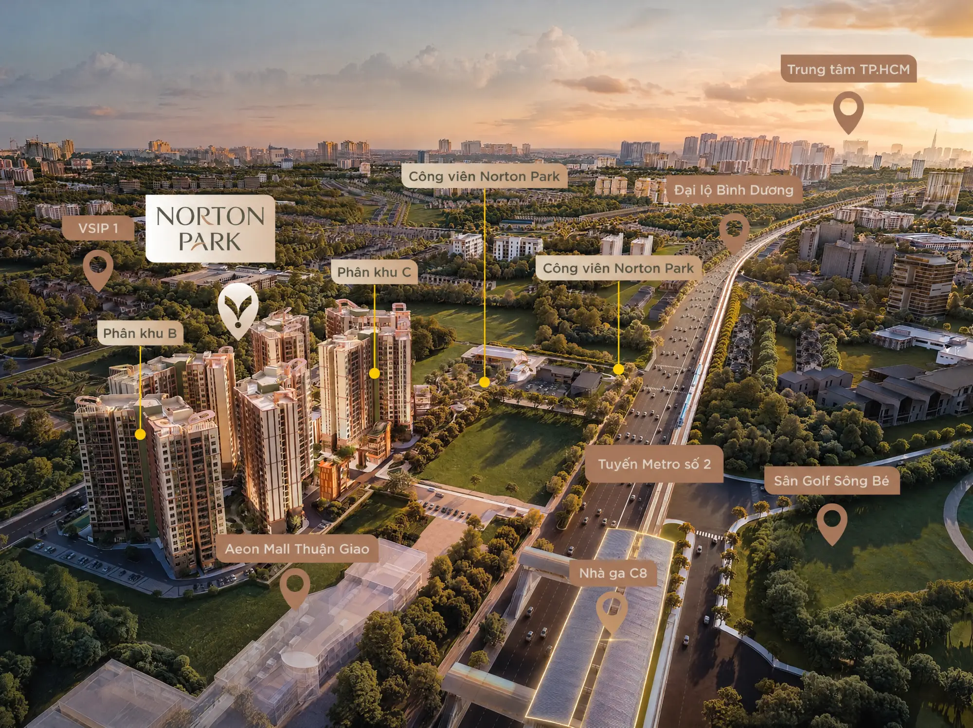 Phối cảnh Norton Park trong tổng thể khu vực: VSIP 1, AEON Mall Thuận Giao, Tuyến Metro số 2 và Nhà ga C8, Sân Golf Sông Bé, Đại lộ Bình Dương